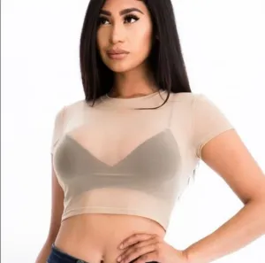 Win My Heart Sheer Mesh Short Sleeve Khaki Crop Top