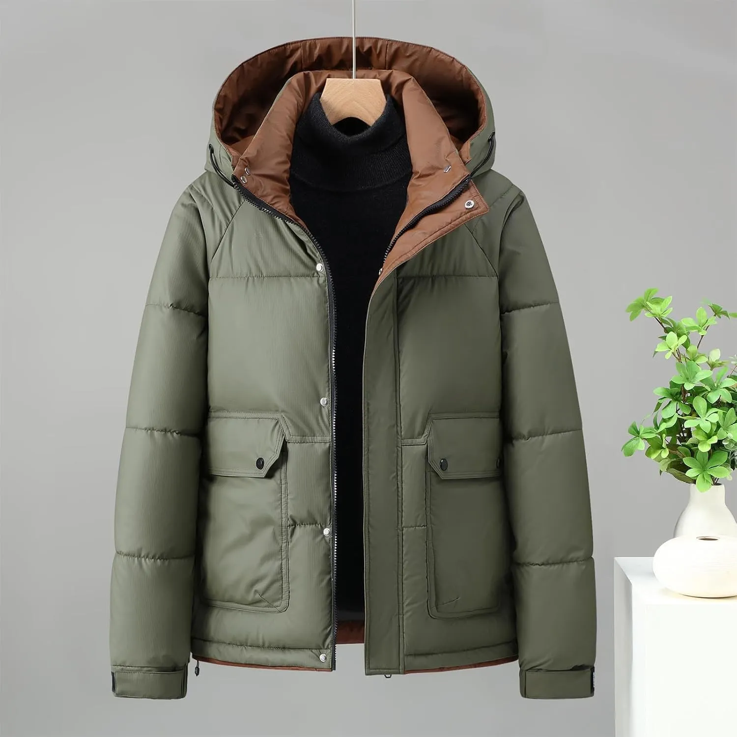 Winter Jackets for Men Fashion Hood Full Zip Warm Padded Coats Lightweight Insulated Outdoor Cargo Jacket with Pocket