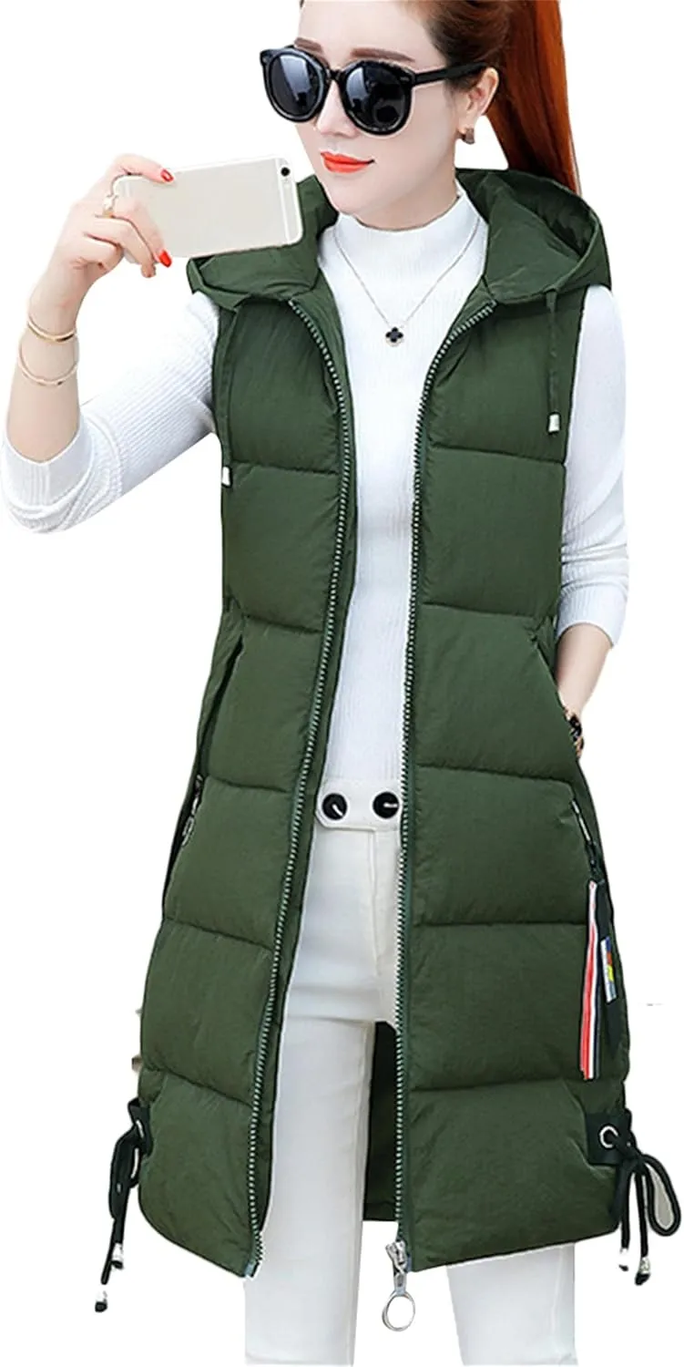 WIWIQS Women's Winter Sleeveless Long Vest Zip Up Quilted Coat Lightweight Warm Jacket with Pockets