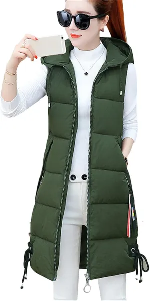 WIWIQS Women's Winter Sleeveless Long Vest Zip Up Quilted Coat Lightweight Warm Jacket with Pockets