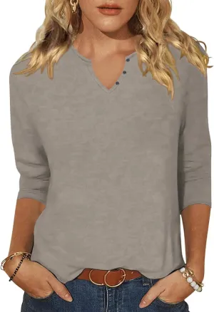 Woffccrd Womens Casual 3/4 Sleeve T-Shirts Button V Neck Summer Tunic Tops Loose Fit Shirts Solid Basic Tops