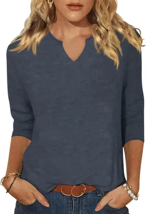 Woffccrd Womens Casual 3/4 Sleeve T-Shirts Button V Neck Summer Tunic Tops Loose Fit Shirts Solid Basic Tops