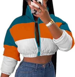 Women Color Block Cropped Puffer Jacket Winter Lightweight Zip Up Baggy Short Padded Down Coat with Pockets