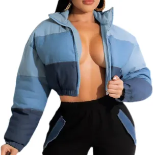 Women Color Block Cropped Puffer Jacket Winter Lightweight Zip Up Baggy Short Padded Down Coat with Pockets