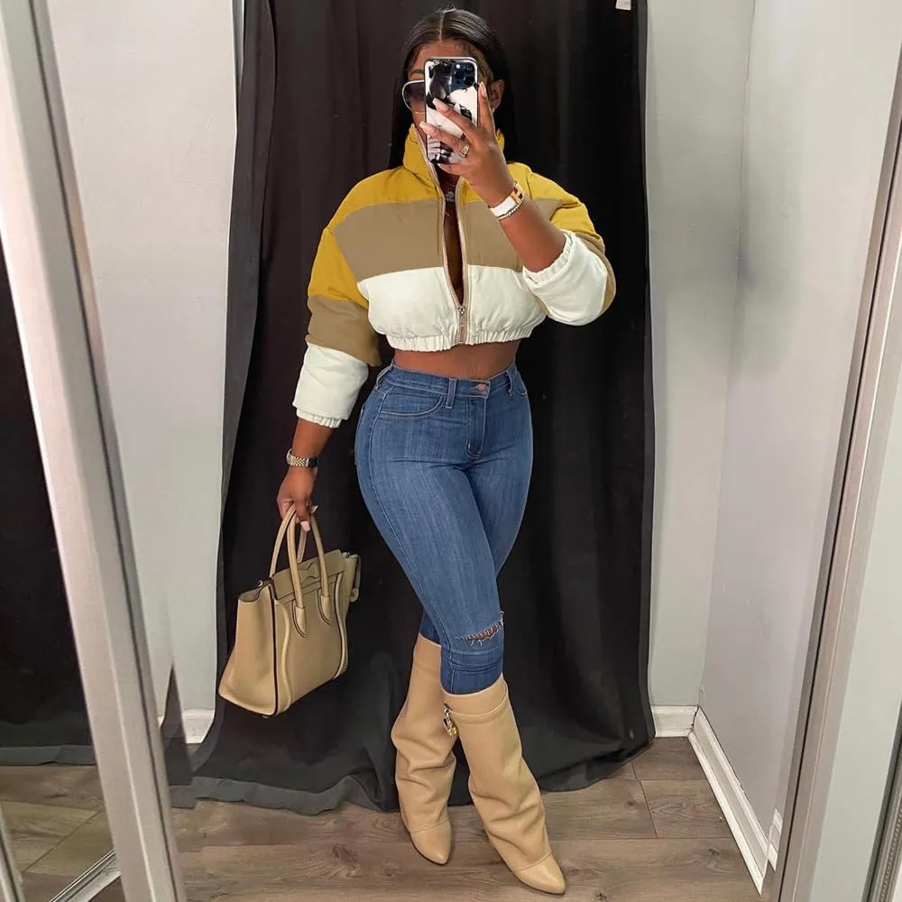 Women Color Block Cropped Puffer Jacket Winter Lightweight Zip Up Baggy Short Padded Down Coat with Pockets