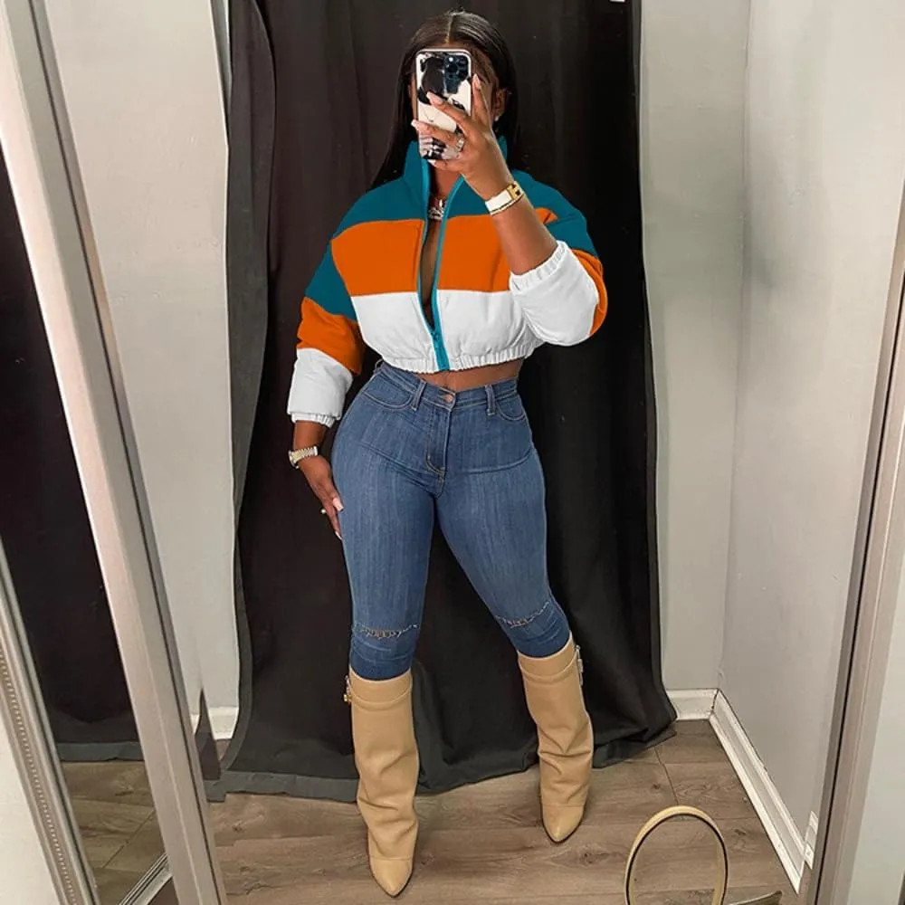 Women Color Block Cropped Puffer Jacket Winter Lightweight Zip Up Baggy Short Padded Down Coat with Pockets