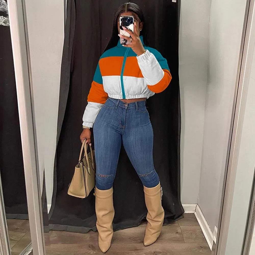 Women Color Block Cropped Puffer Jacket Winter Lightweight Zip Up Baggy Short Padded Down Coat with Pockets