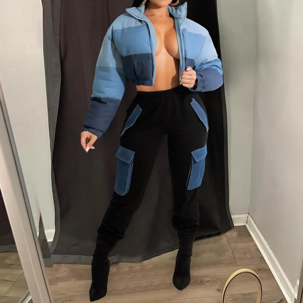Women Color Block Cropped Puffer Jacket Winter Lightweight Zip Up Baggy Short Padded Down Coat with Pockets