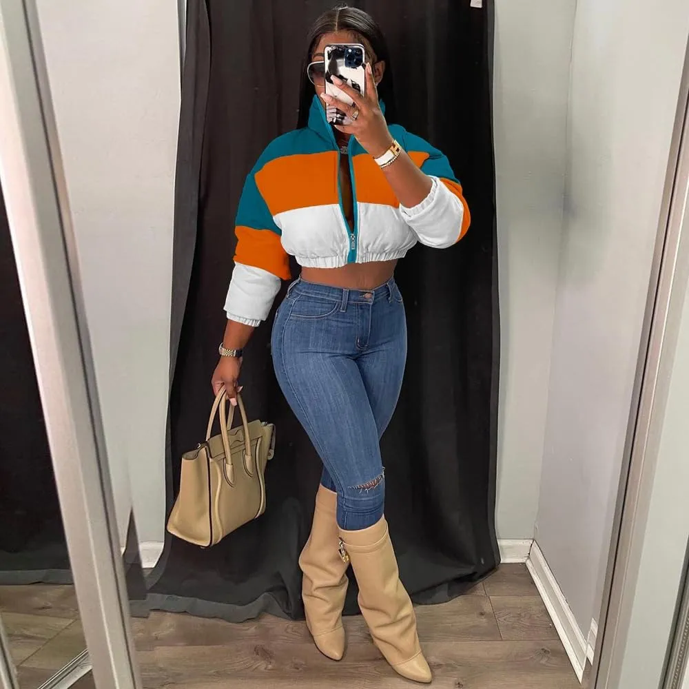 Women Color Block Cropped Puffer Jacket Winter Lightweight Zip Up Baggy Short Padded Down Coat with Pockets