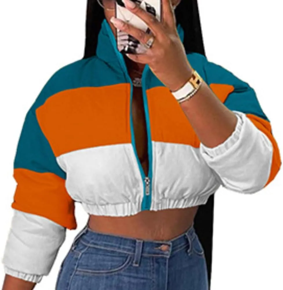 Women Color Block Cropped Puffer Jacket Winter Lightweight Zip Up Baggy Short Padded Down Coat with Pockets