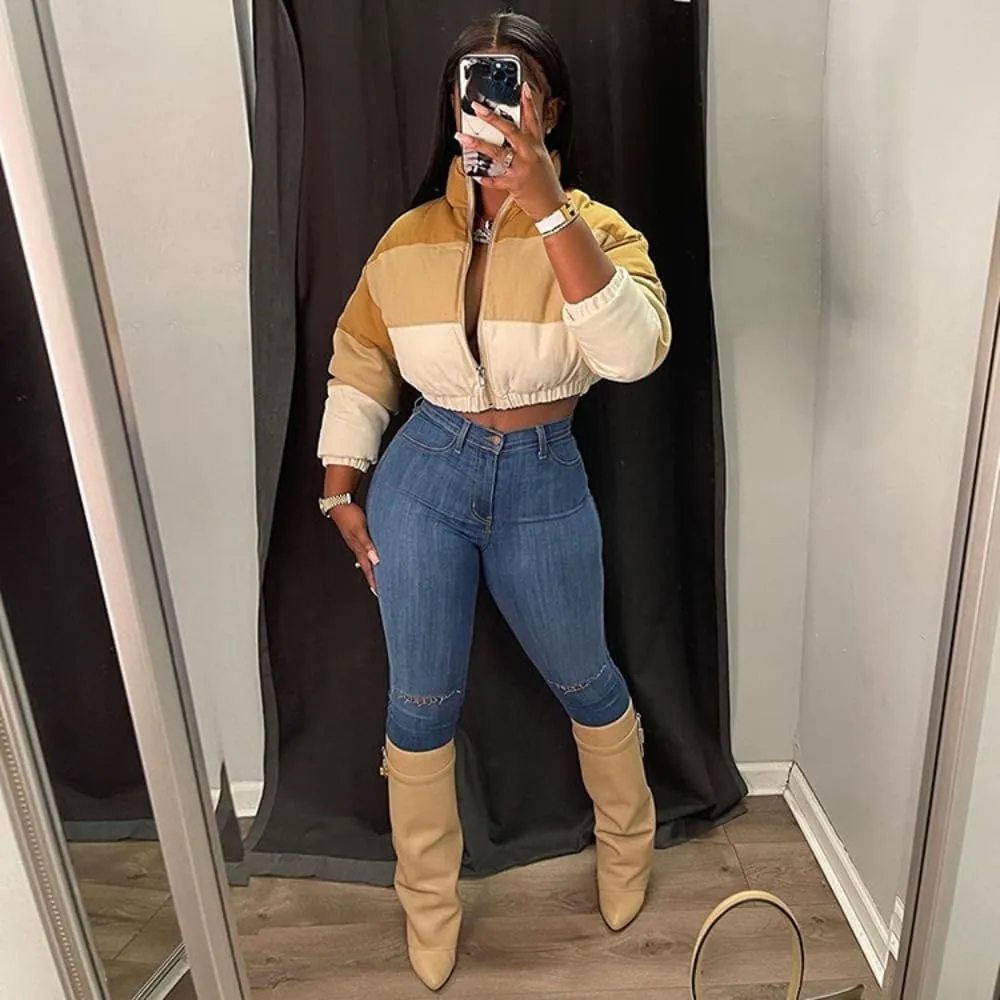 Women Color Block Cropped Puffer Jacket Winter Lightweight Zip Up Baggy Short Padded Down Coat with Pockets