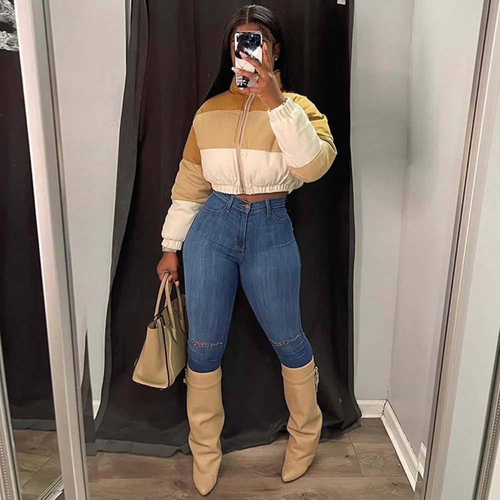 Women Color Block Cropped Puffer Jacket Winter Lightweight Zip Up Baggy Short Padded Down Coat with Pockets