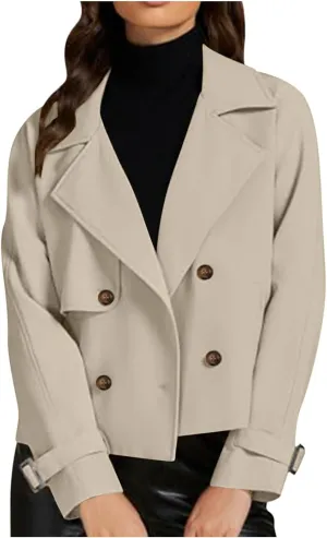 Women Crop Double Breasted Trench Coat Raglan Sleeve Work Office Cropped Jacket With Pockets Fashion Fall Jackets