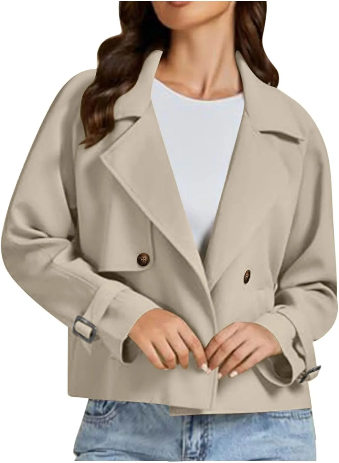 Women Crop Double Breasted Trench Coat Raglan Sleeve Work Office Cropped Jacket With Pockets Fashion Fall Jackets