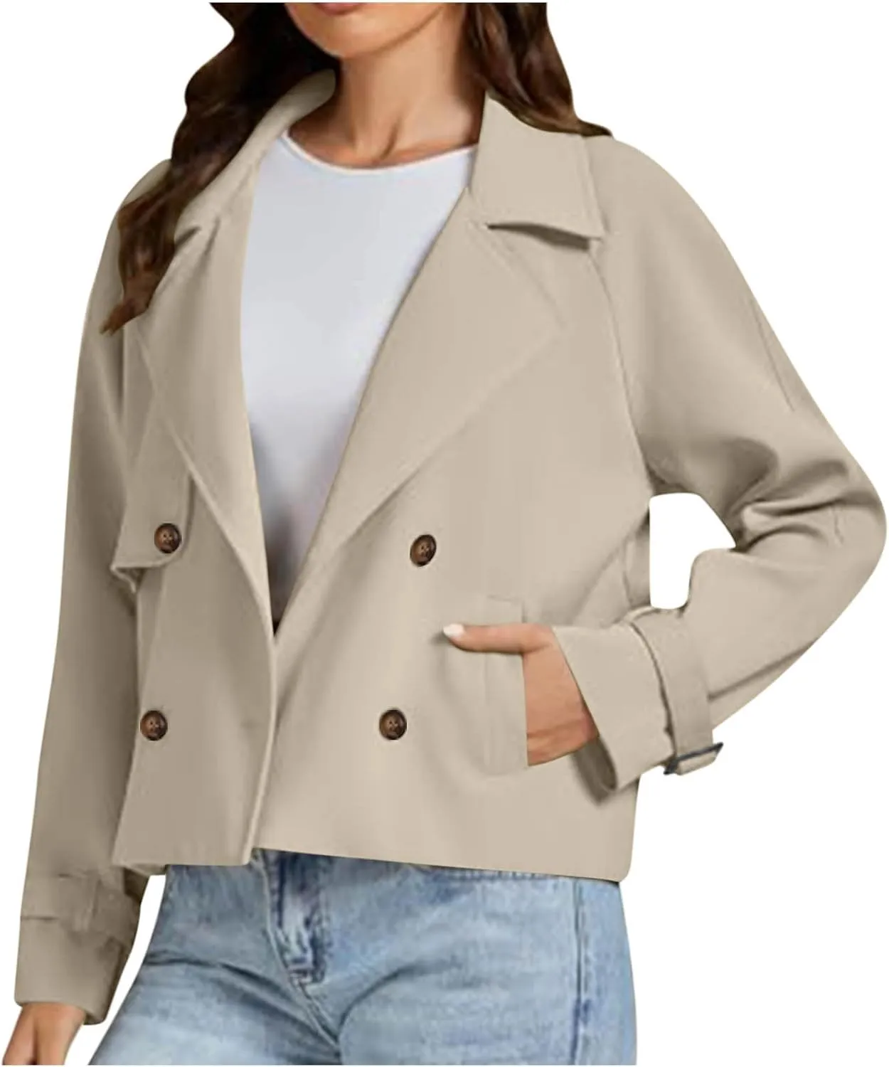 Women Crop Double Breasted Trench Coat Raglan Sleeve Work Office Cropped Jacket With Pockets Fashion Fall Jackets