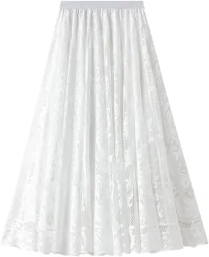 Women Elegant Lace Skirt Solid Color Loose All-Matching Casual A-Line Skirts Hollow-Out Midi Pleated Skirts