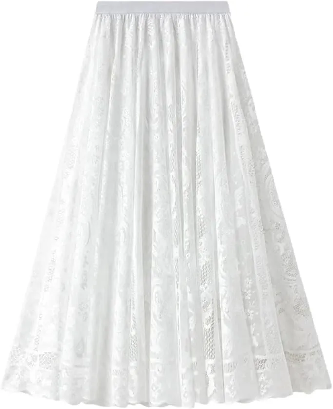 Women Elegant Lace Skirt Solid Color Loose All-Matching Casual A-Line Skirts Hollow-Out Midi Pleated Skirts