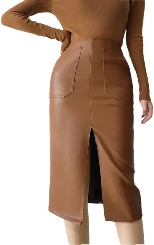 Women Front Pockets Faux Leather Length Pencil Skirts Split Elegant PU Long Skirts