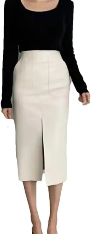 Women Front Pockets Faux Leather Length Pencil Skirts Split Elegant PU Long Skirts