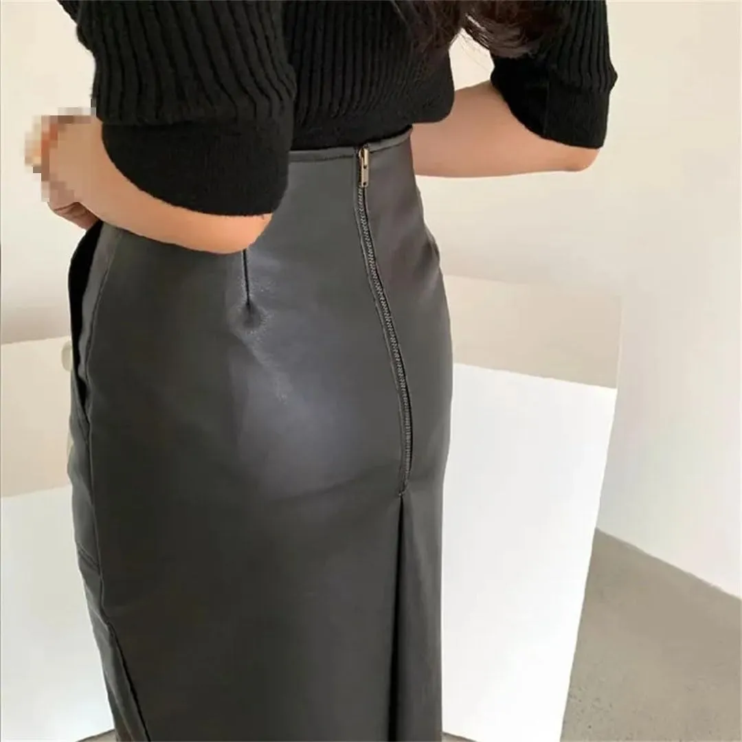 Women Front Pockets Faux Leather Length Pencil Skirts Split Elegant PU Long Skirts