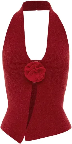 Women Halter Neck 3D Floral Rib-Knit Top Tank Y2k Sexy Sleeveless Backless Open Front Slim Fit Sweater Vest