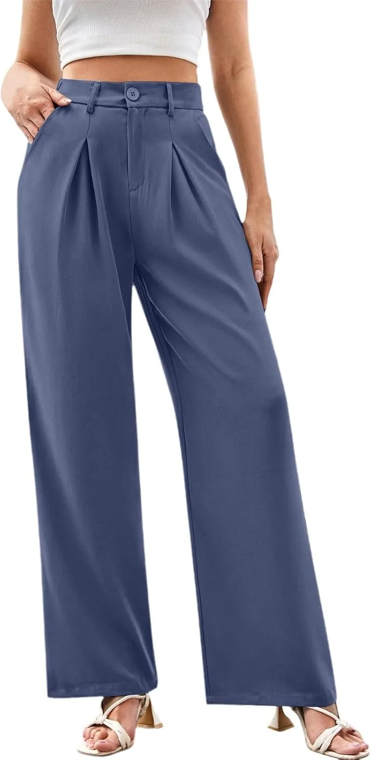 Women High Waist Business Casual Palazzo Trousers Button Down Loose Work Office Business Dress Pants Suit Pant