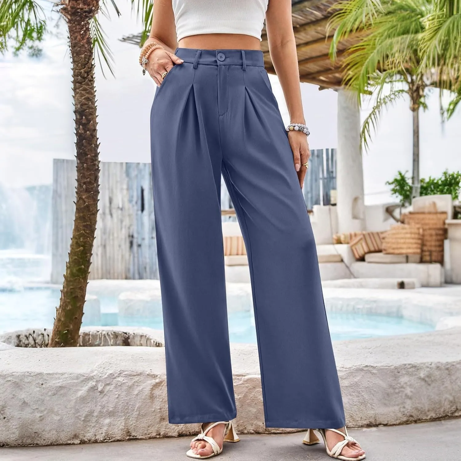 Women High Waist Business Casual Palazzo Trousers Button Down Loose Work Office Business Dress Pants Suit Pant