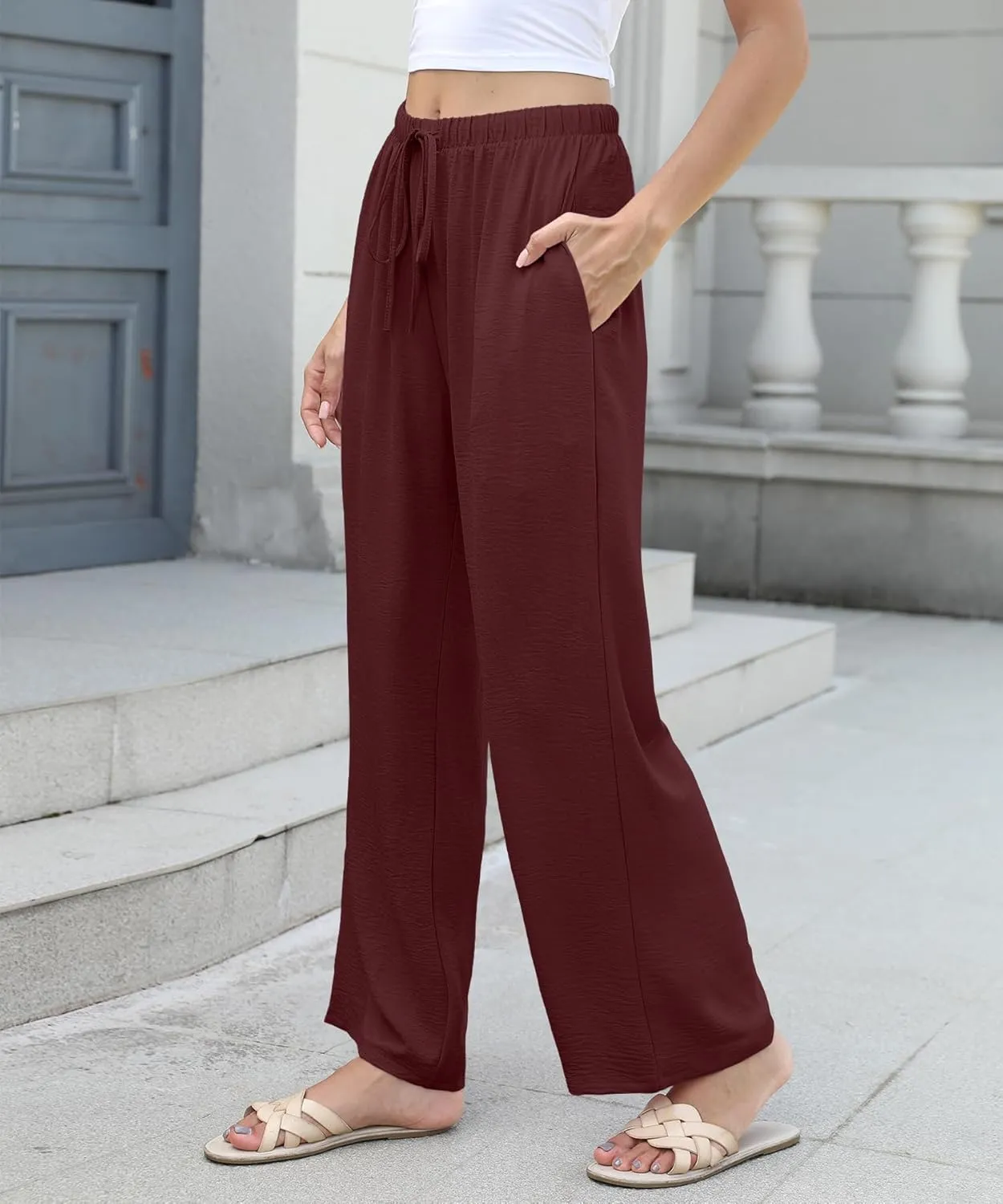 Women High Waist Casual Pants Elastic Wide Leg Summer Beach Palazzo Trousers with Pockets Lightweight Comfy
