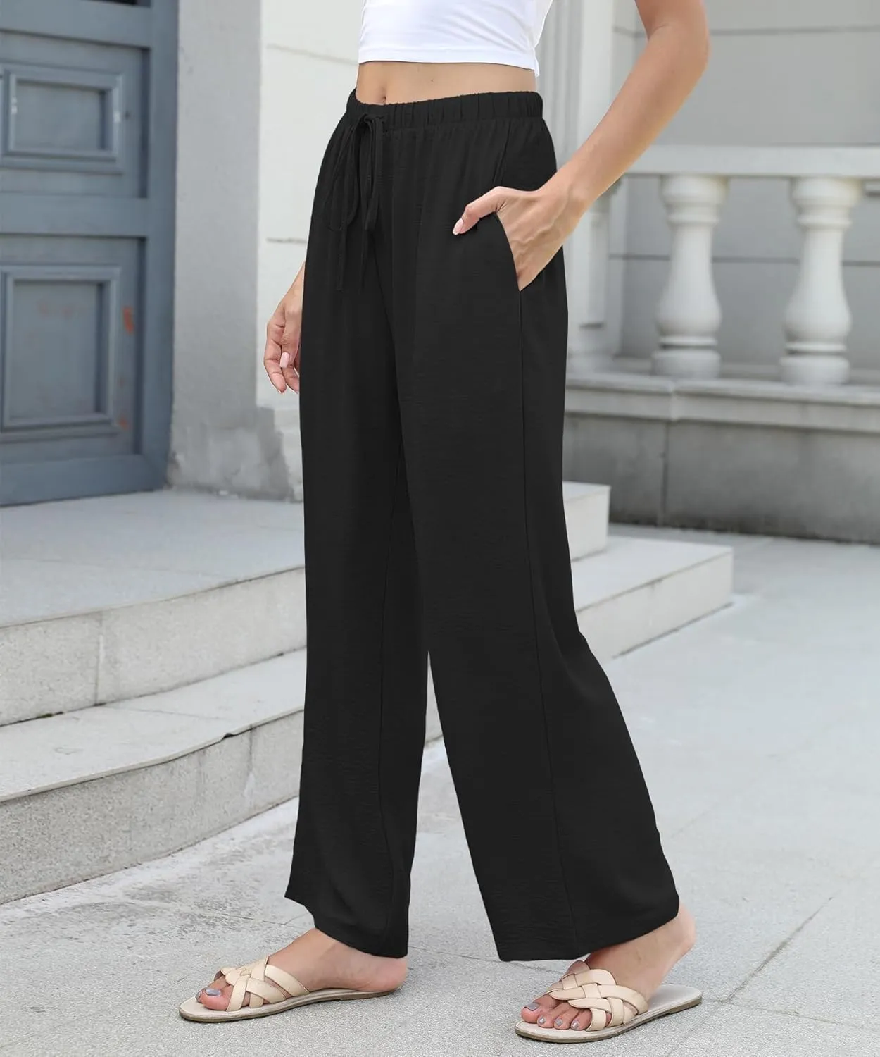 Women High Waist Casual Pants Elastic Wide Leg Summer Beach Palazzo Trousers with Pockets Lightweight Comfy