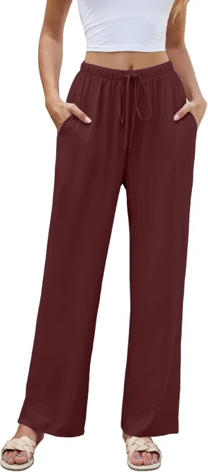 Women High Waist Casual Pants Elastic Wide Leg Summer Beach Palazzo Trousers with Pockets Lightweight Comfy