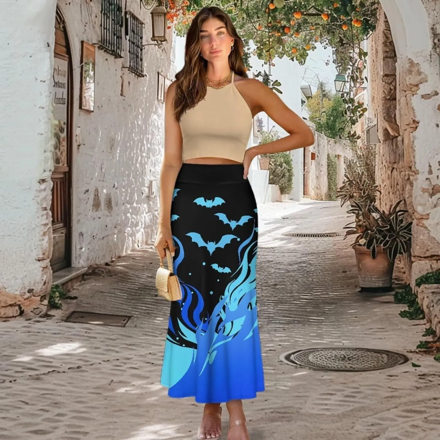 Women High Waist Elastic Long Skirts A-Line Flared Maxi Skirts Bodycon Midi Skirt Fall Skirt Pencil Skirt for Lady