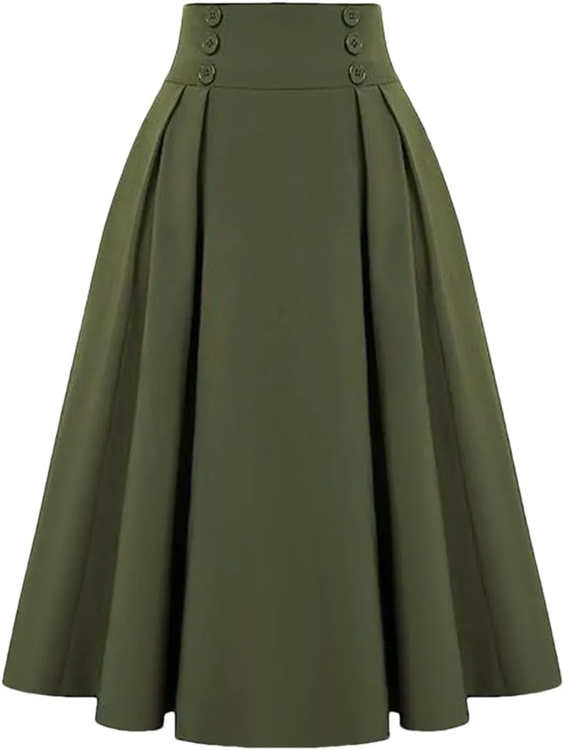 Women High Waist Midi Skirt Summer Solid Vintage Pleating A-Line Fashion Buttons Skirt