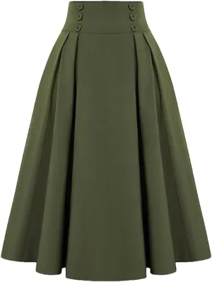 Women High Waist Midi Skirt Summer Solid Vintage Pleating A-Line Fashion Buttons Skirt