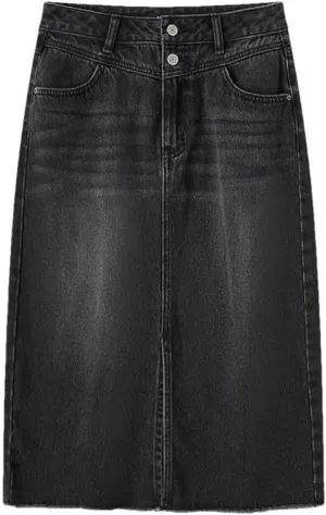 Women High Waisted Slit Straight Denim Skirt Summer Vintage Casual Jean Skirts with Pockets