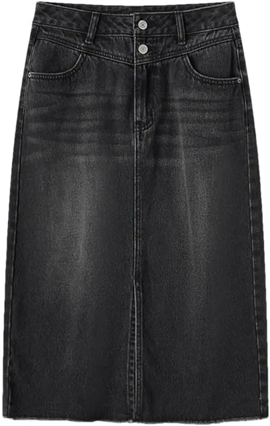 Women High Waisted Slit Straight Denim Skirt Summer Vintage Casual Jean Skirts with Pockets