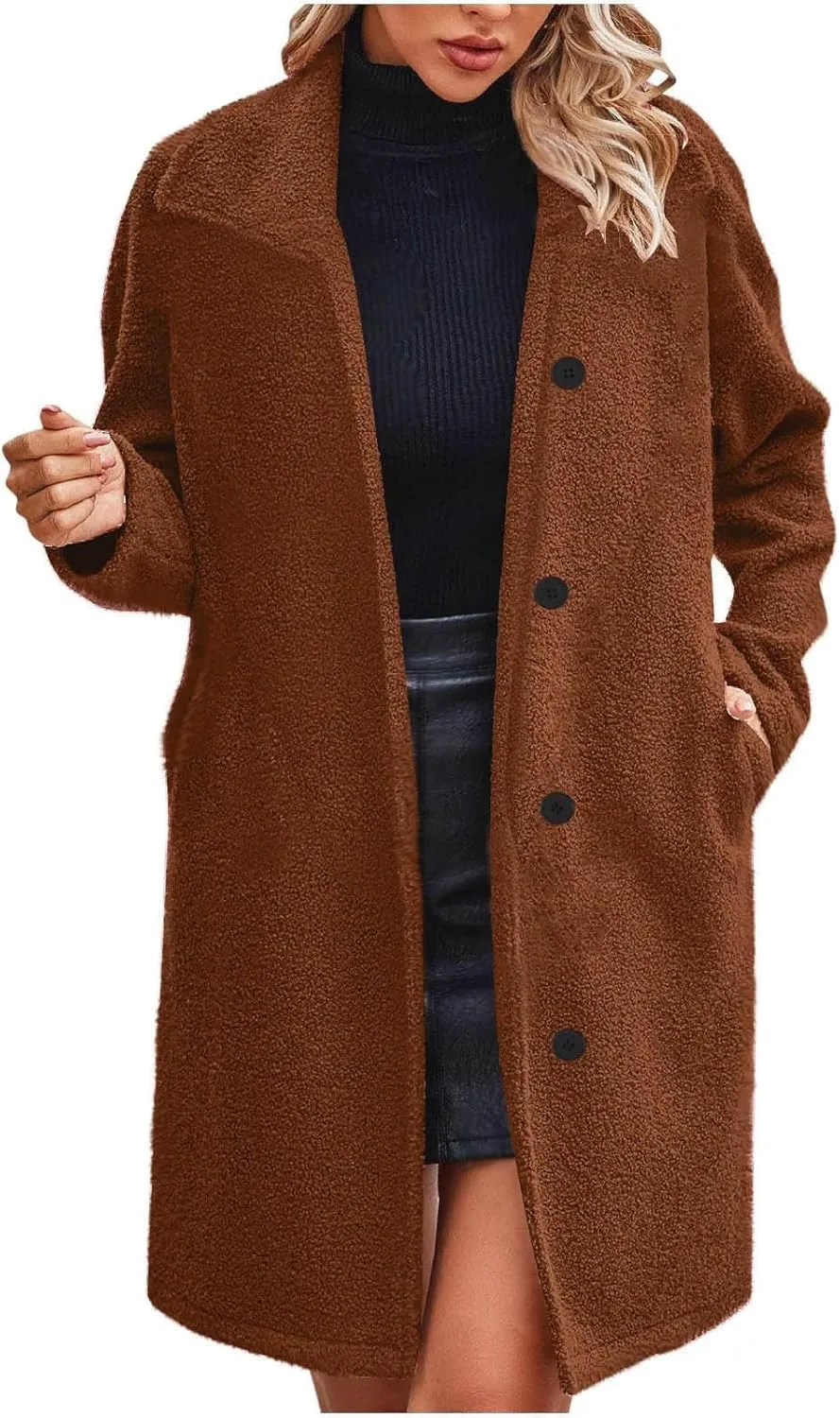 Women Long Sherpa Coat Fuzzy Faux Fur Trench Jackets Winter Fleece Button Cardigan With Pockets Oversized Coats
