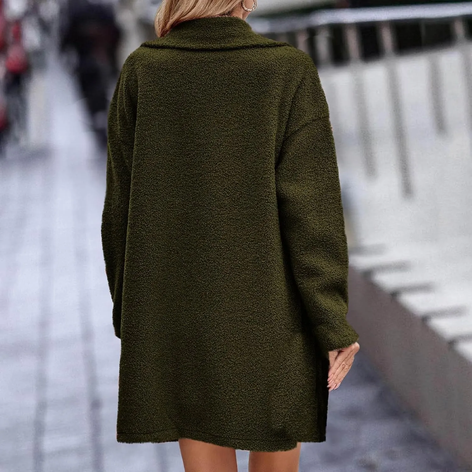 Women Long Sherpa Coat Fuzzy Faux Fur Trench Jackets Winter Fleece Button Cardigan With Pockets Oversized Coats