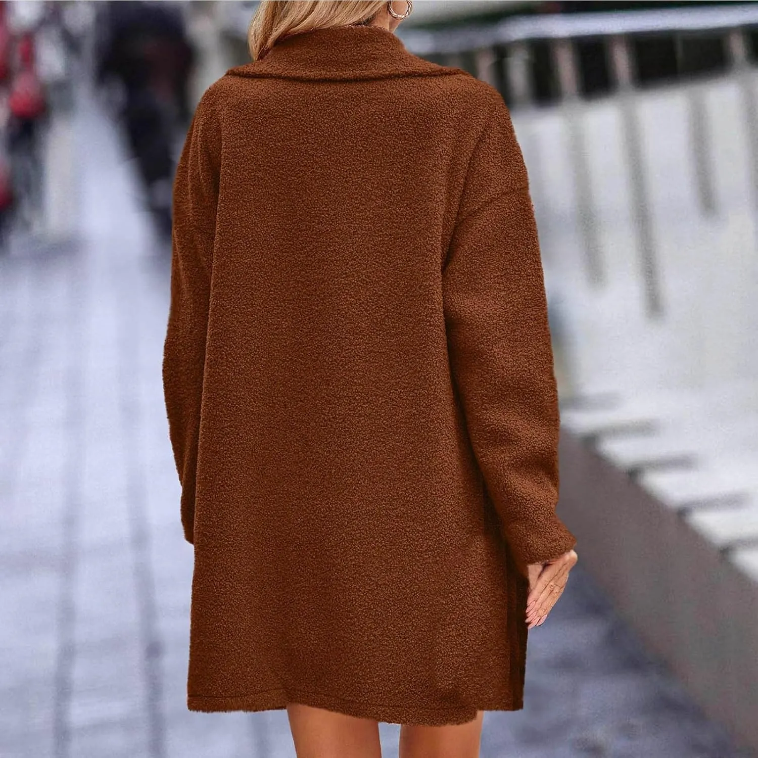 Women Long Sherpa Coat Fuzzy Faux Fur Trench Jackets Winter Fleece Button Cardigan With Pockets Oversized Coats