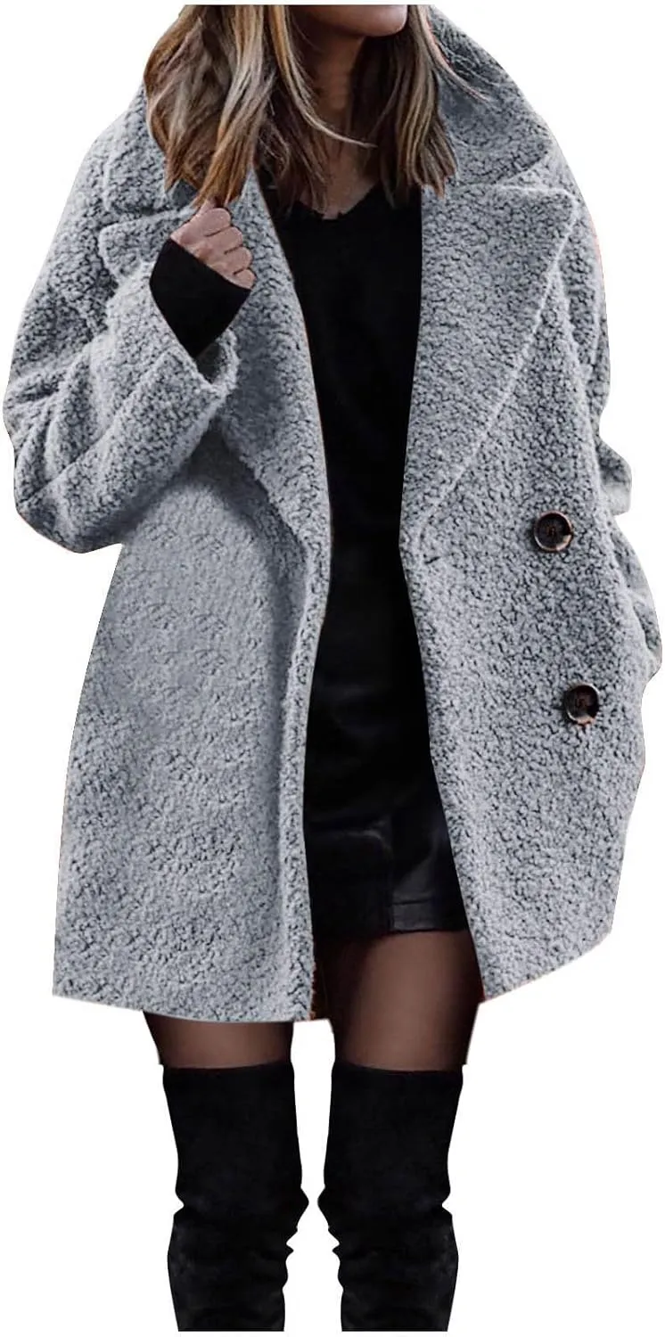 Women Long Sherpa Coat Fuzzy Faux Fur Trench Jackets Winter Fleece Button Cardigan With Pockets Oversized Coats