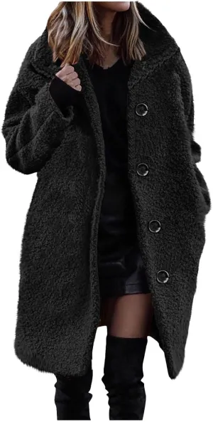 Women Long Sherpa Coat Fuzzy Faux Fur Trench Jackets Winter Fleece Button Cardigan With Pockets Oversized Coats