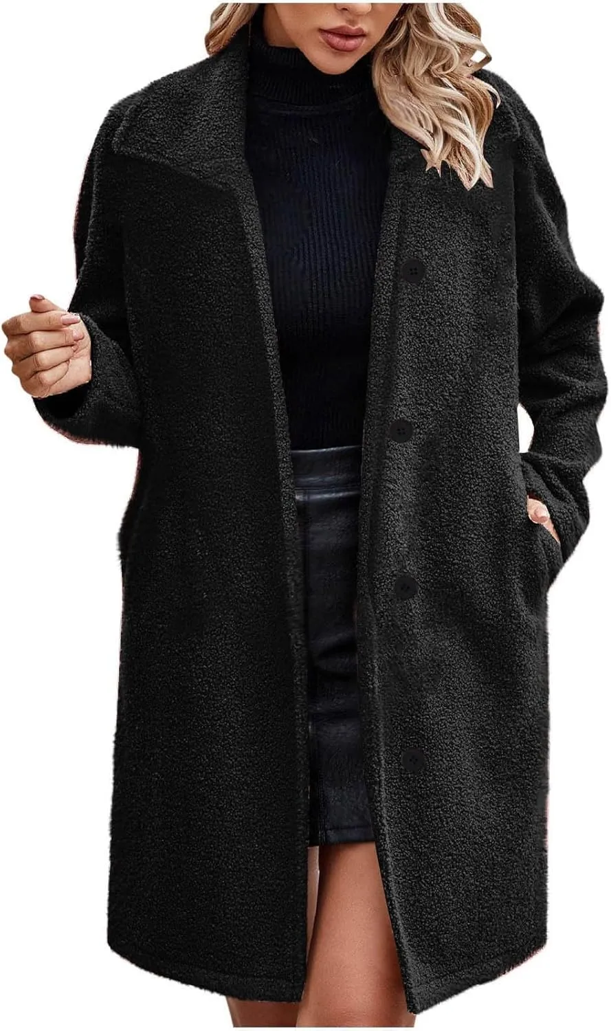 Women Long Sherpa Coat Fuzzy Faux Fur Trench Jackets Winter Fleece Button Cardigan With Pockets Oversized Coats