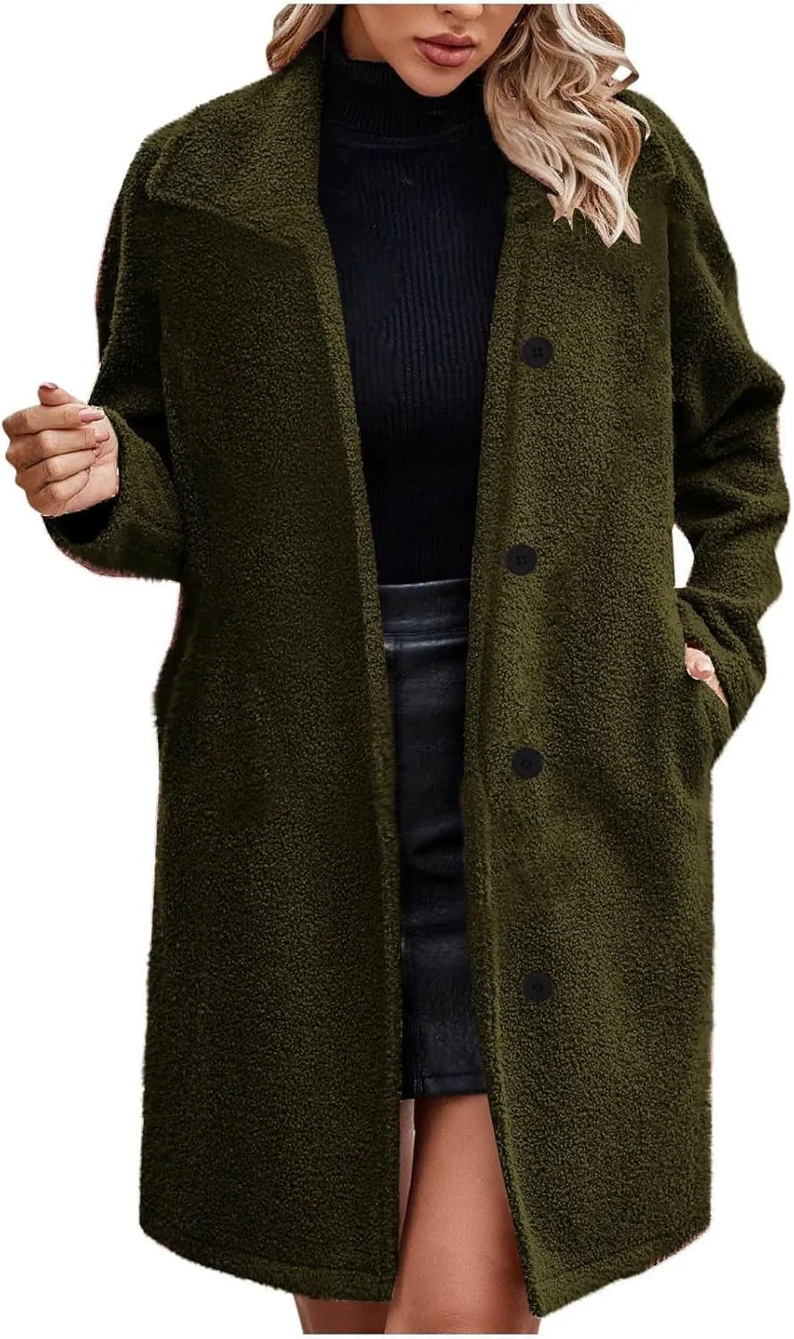 Women Long Sherpa Coat Fuzzy Faux Fur Trench Jackets Winter Fleece Button Cardigan With Pockets Oversized Coats