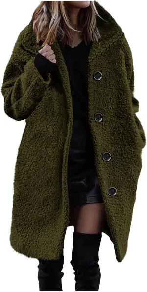 Women Long Sherpa Coat Fuzzy Faux Fur Trench Jackets Winter Fleece Button Cardigan With Pockets Oversized Coats