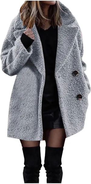 Women Long Sherpa Coat Fuzzy Faux Fur Trench Jackets Winter Fleece Button Cardigan With Pockets Oversized Coats