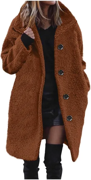 Women Long Sherpa Coat Fuzzy Faux Fur Trench Jackets Winter Fleece Button Cardigan With Pockets Oversized Coats