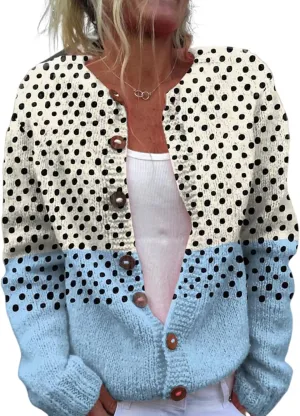 Women Open Front Collarless Button Down Cardigan Cozy Soft Cable Knit Polka Dot Tops Elegance Stylish Sweater Jacket