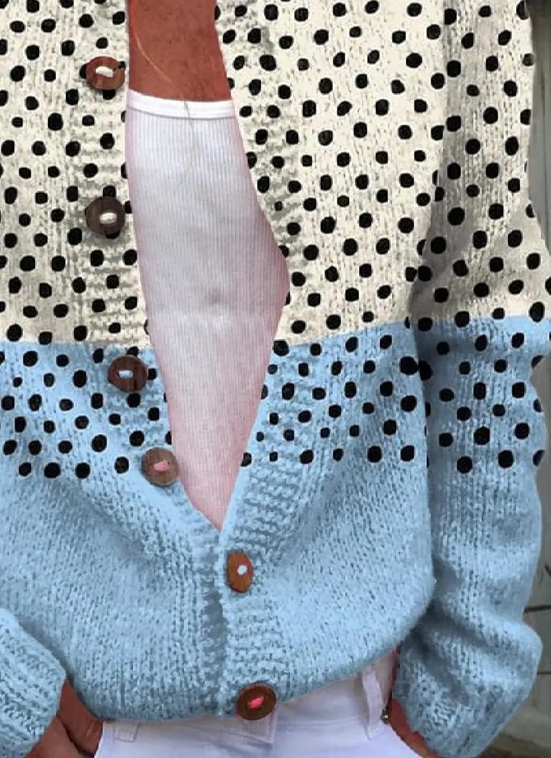 Women Open Front Collarless Button Down Cardigan Cozy Soft Cable Knit Polka Dot Tops Elegance Stylish Sweater Jacket