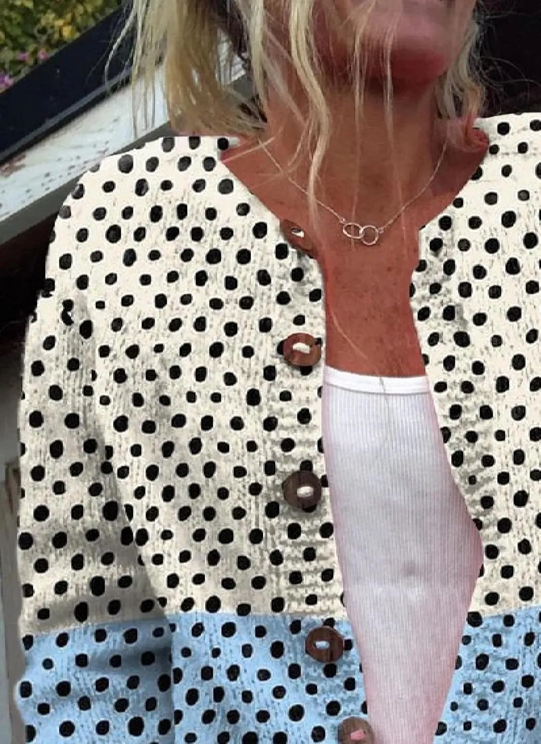 Women Open Front Collarless Button Down Cardigan Cozy Soft Cable Knit Polka Dot Tops Elegance Stylish Sweater Jacket