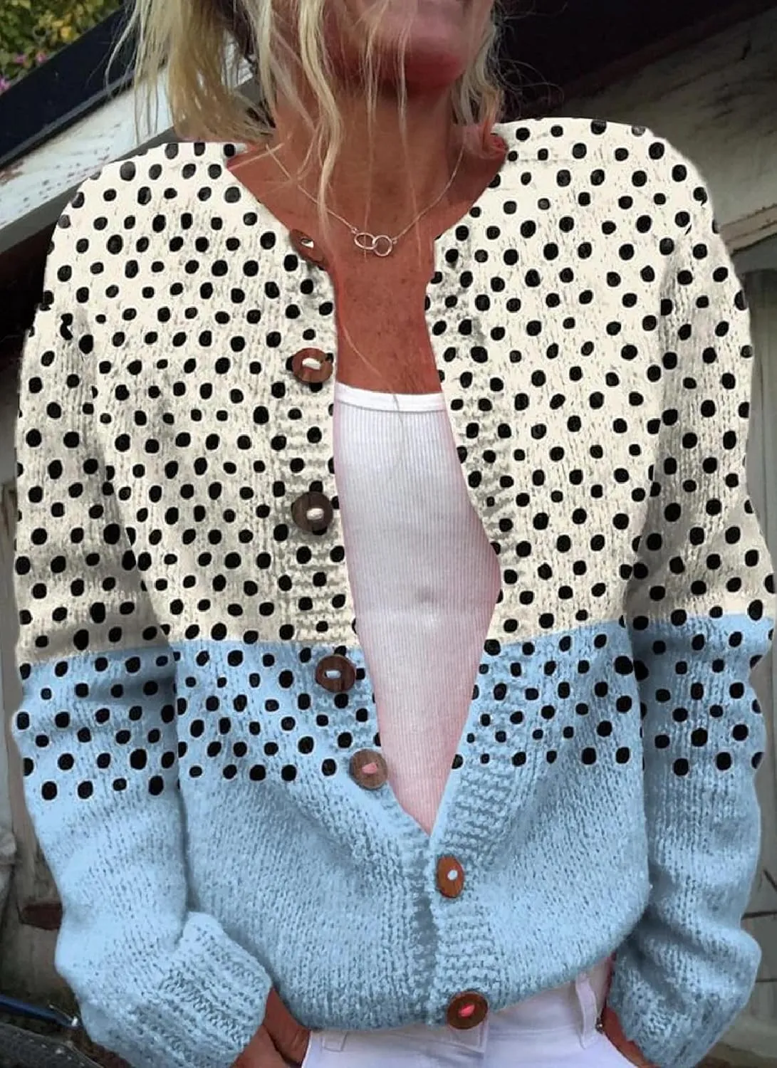 Women Open Front Collarless Button Down Cardigan Cozy Soft Cable Knit Polka Dot Tops Elegance Stylish Sweater Jacket