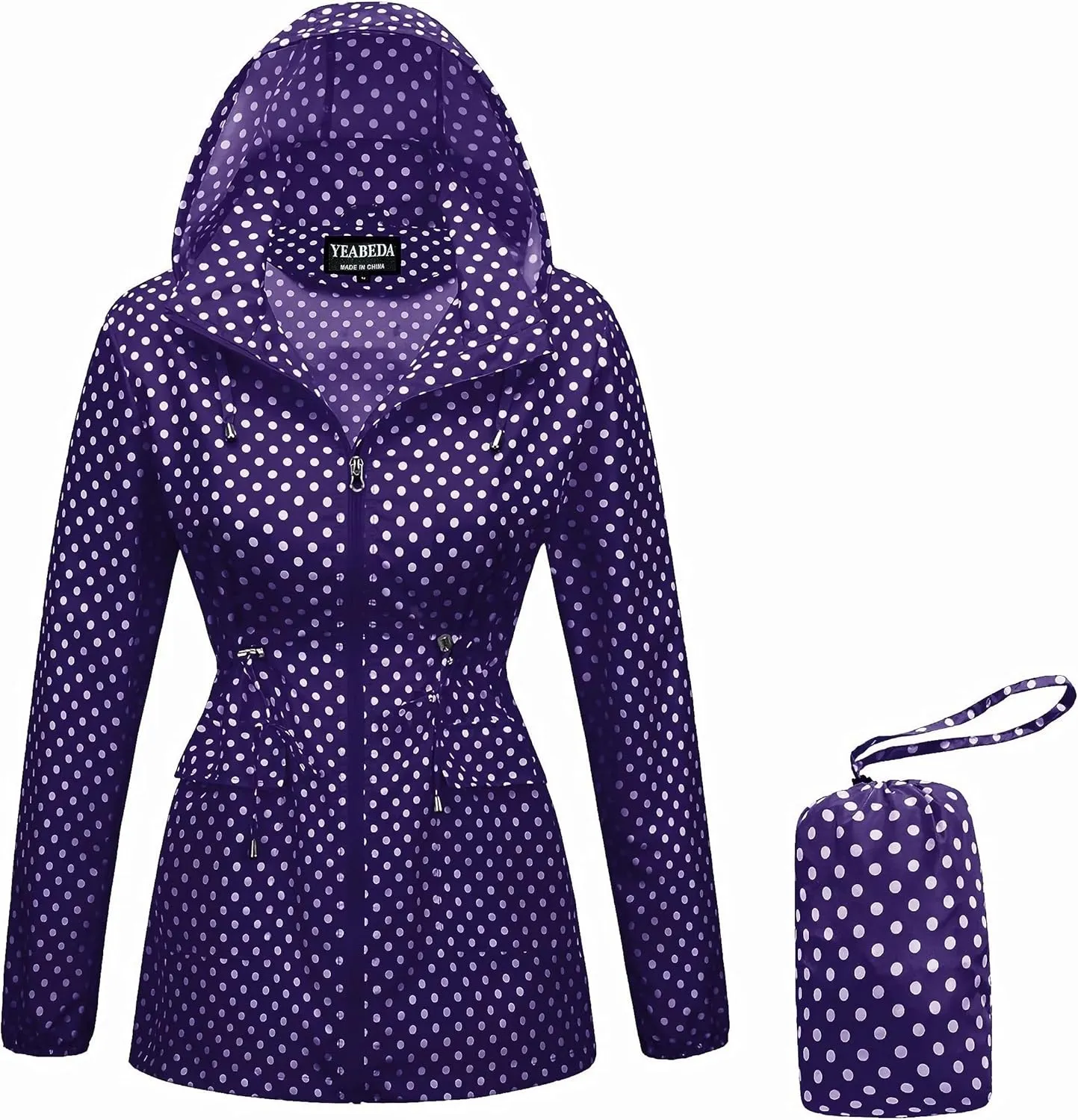 Women-Rain Jacket-Hood Waterproof-Lightweight Windbreak-Packable  Cute RainCoats Travel Polka Dot Ladies With Pouch